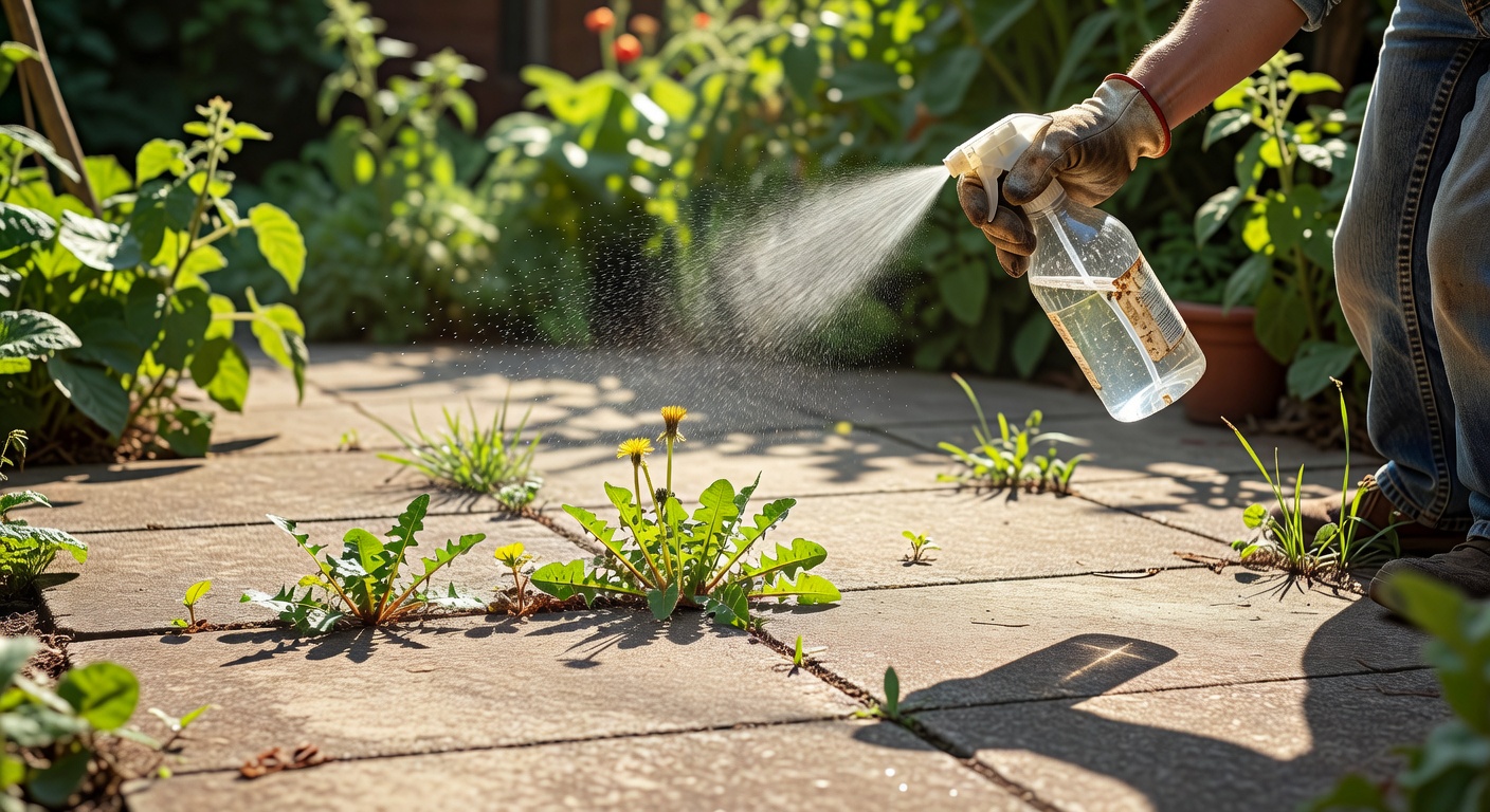 Prskanje octa na korov između ploča na sunčan dan